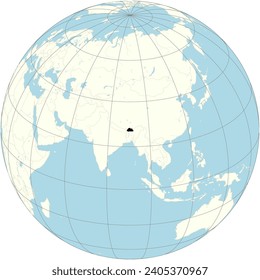 The orthographic projection of the world map with Bhutan at its center. a landlocked country in the Eastern Himalayas