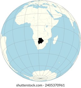 The orthographic projection of the world map with Botswana at its center. a landlocked country in Southern Africa