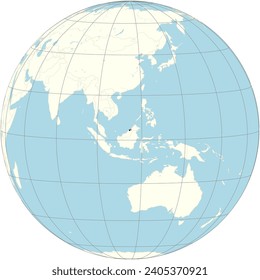 The orthographic projection of the world map with Brunei Darussalam at its center. a tiny nation on the island of Borneo, in two distinct sections surrounded by Malaysia and the South China Sea