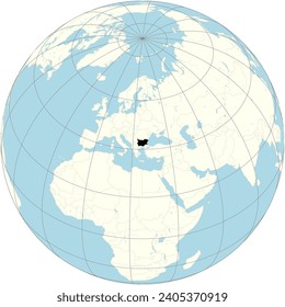 La proyección ortográfica del mapa mundial con Bulgaria en su centro. una nación balcánica con un terreno diverso que abarca la costa del Mar Negro, un interior montañoso y ríos