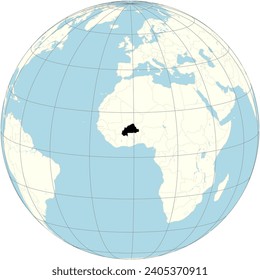 The orthographic projection of the world map with Burkina Faso at its center. a landlocked country in West Africa