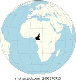 Die orthographische Projektion der Weltkarte mit Kamerun im Zentrum. ein Land in Zentralafrika mit unterschiedlichen geografischen Gegebenheiten und Tierarten