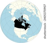 The orthographic projection of the world map with Canada at its center. a country in North America