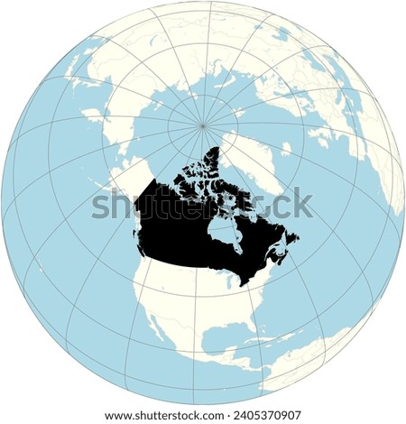 The orthographic projection of the world map with Canada at its center. a country in North America