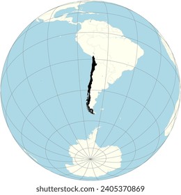 The orthographic projection of the world map with Chile at its center. a long, narrow country stretching along South America's western edge