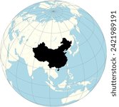 The orthographic projection of the world map with China at its center. a populous nation in East Asia.