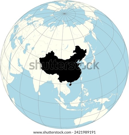 The orthographic projection of the world map with China at its center. a populous nation in East Asia.