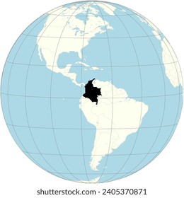 The orthographic projection of the world map with Colombia at its center. a country at the northern tip of South America