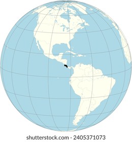 La proyección ortográfica del mapa del mundo con Costa Rica en su centro. un país centroamericano accidentado y con selvas costeras en el Caribe y el Pacífico