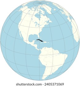 The orthographic projection of the world map with Cuba at its center. a Caribbean island nation under communist rule