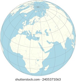 The orthographic projection of the world map with Cyprus at its center. an island country in the eastern Mediterranean
