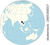 The orthographic projection of the world map with Lao PDR at its center. a landlocked country in Southeast Asia.