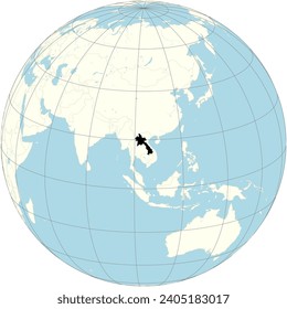 The orthographic projection of the world map with Lao PDR at its center. a landlocked country in Southeast Asia.