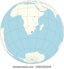 The orthographic projection of the world map with Lesotho at its center. a landlocked country enclaved within South Africa