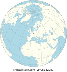 The orthographic projection of the world map with Luxembourg at its center. a small European country,surrounded by Belgium,France,and Germany