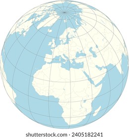 The orthographic projection of the world map with Malta at its center. an archipelago in the central Mediterranean