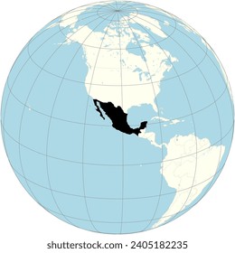 The orthographic projection of the world map with Mexico at its center. a country in the southern portion of North America