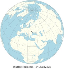 The orthographic projection of the world map with Moldova at its center. a landlocked country in Eastern Europe