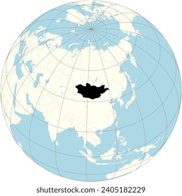 The orthographic projection of the world map with Mongolia at its center. a landlocked country in East Asia and Central Asia