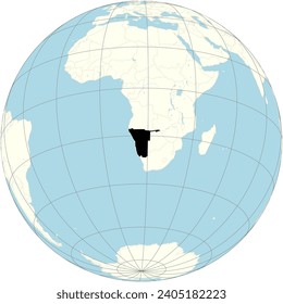 The orthographic projection of the world map with Namibia at its center. a country in Southern Africa with a rough Atlantic Ocean coastline