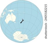 The orthographic projection of the world map with New Zealand at its center. a country in the southwestern Pacific Ocean,consisting of two main islands