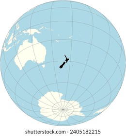 The orthographic projection of the world map with New Zealand at its center. a country in the southwestern Pacific Ocean,consisting of two main islands