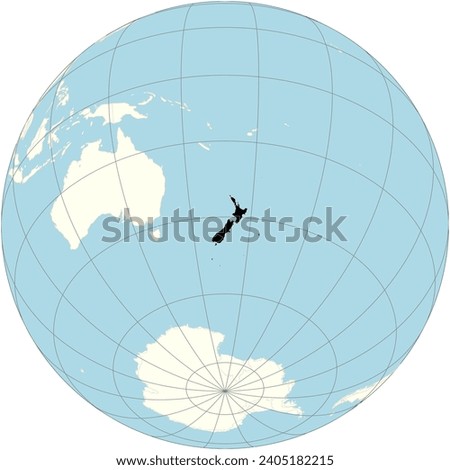 The orthographic projection of the world map with New Zealand at its center. a country in the southwestern Pacific Ocean,consisting of two main islands