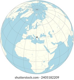 La proyección ortográfica del mapa del mundo con Macedonia del Norte en su centro. Un país en la península balcánica en el Sudeste de Europa