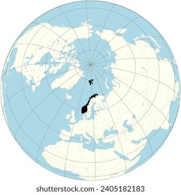 La proyección ortográfica del mapa mundial con Noruega en su centro. un país escandinavo que abarca montañas, glaciares y fiordos costeros profundos