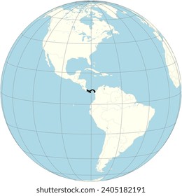 The orthographic projection of the world map with Panama at its center. a country in Central America,known for the Panama Canal that links the Atlantic and Pacific oceans