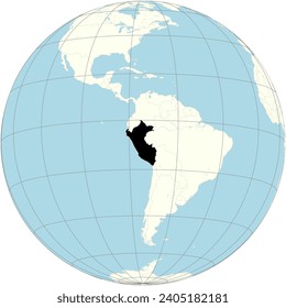 La proyección ortográfica del mapa del mundo con el Perú en su centro. un país en Sudamérica, hogar de una parte de la selva amazónica y Machu Picchu