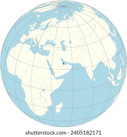 Die orthographische Projektion der Weltkarte mit Katar im Zentrum. ein peninsulares arabisches Land, dessen Terrain aus einer trockenen Wüste und einer langen Küste am Persischen Golf besteht