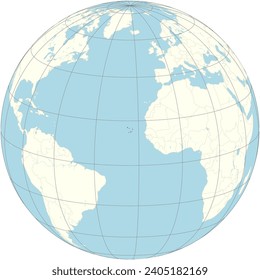 The orthographic projection of the world map with Republic of Cabo Verde at its center. an island country spanning an archipelago of 10 volcanic islands in the central Atlantic Ocean