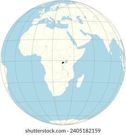 The orthographic projection of the world map with Rwanda at its center. a landlocked country in the Great Rift Valley where the African Great Lakes region and East Africa converge