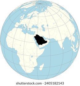 La proyección ortográfica del mapa del mundo con Arabia Saudita en su centro. un país del Asia occidental que constituye la mayor parte de la península arábiga