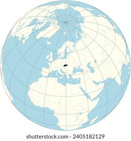 The orthographic projection of the world map with Slovakia at its center. a landlocked country in Central Europe