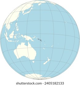 The orthographic projection of the world map with Solomon Islands at its center. a sovereign state consisting of six major islands and over 900 smaller islands in Oceania