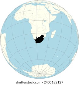 The orthographic projection of the world map with South Africa at its center. a country on the southernmost tip of the African continent
