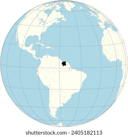 The orthographic projection of the world map with Suriname at its center. a country on the northeastern Atlantic coast of South America