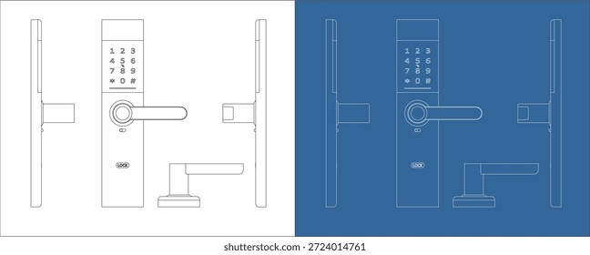 Plan técnico ortográfico de la cerradura de puerta elegante con las dimensiones y las vistas múltiples