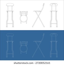 Plan técnico ortográfico de la silla plegable de madera con el lado delantero y las vistas superiores