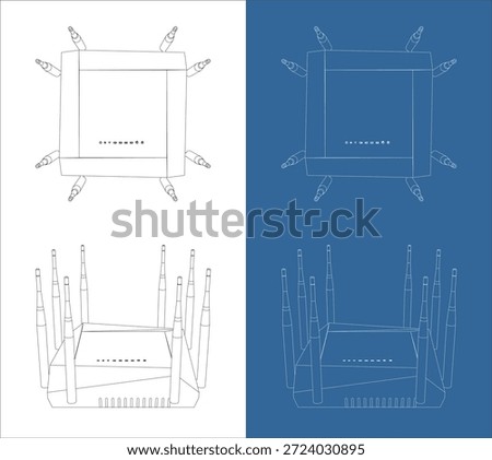 Orthographic Top and Front Views Gaming Wi-Fi Router Technical Drawing Blueprint