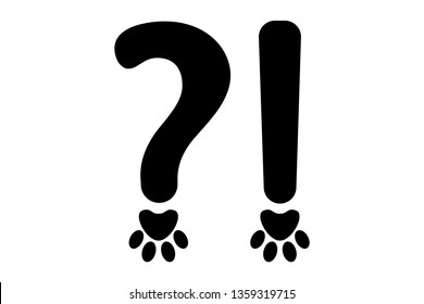 Orthography Signs Of Black Question Mark And Exclamation Mark In Animal Style. Dog Footmarks Instead Points In Typography Elements. Vector Typography Signs Ready For Web And Print.