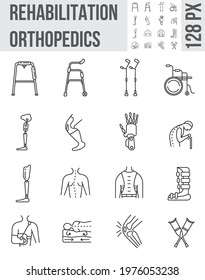 Orthopaedic rehabilitation icons set vector. Physical therapy line collection. Prosthetics symbols for web design, app. Arm brace, leg and back brace, wheelchair are shown. Arthritis, osteoporosis