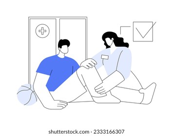 Orthopaedic sports medicine abstract concept vector illustration. Orthopedist examines athlete with injuries, sport medicine sector, rehabilitation process, physiotherapy room abstract metaphor.