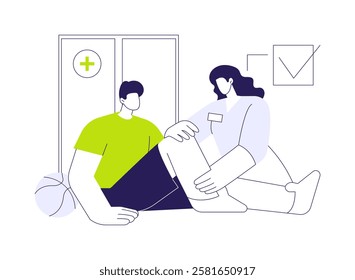 Orthopaedic sports medicine abstract concept vector illustration. Orthopedist examines athlete with injuries, sport medicine sector, rehabilitation process, physiotherapy room abstract metaphor.