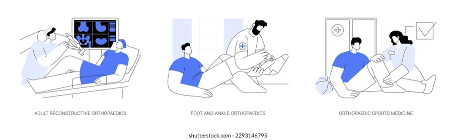 Orthopaedic surgery abstract concept vector illustration set. Adult reconstructive orthopaedics, foot and ankle surgery, sports medicine, bones reconstruction, leg X-ray abstract metaphor.