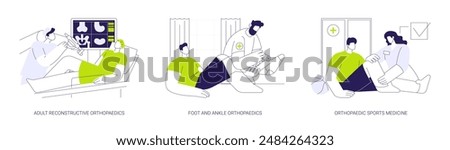 Orthopaedic surgery abstract concept vector illustration set. Adult reconstructive orthopaedics, foot and ankle surgery, sports medicine, bones reconstruction, leg X-ray abstract metaphor.