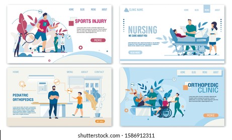 Orthopaedic and trauma Department Services for Adult and Young Patients with Impaired Musculoskeletal System Functioning, Sports Injuries, Disability. Landing Page Set. Vector Illustration