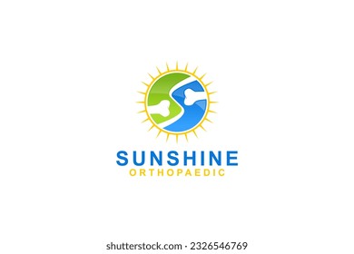 Orthopaedic wellness logo design bones and joints illustration with light sun shine shape icon symbol